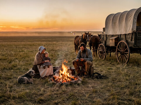 Pioneer family with young child rests by campfire near covered wagon on open prairie.
