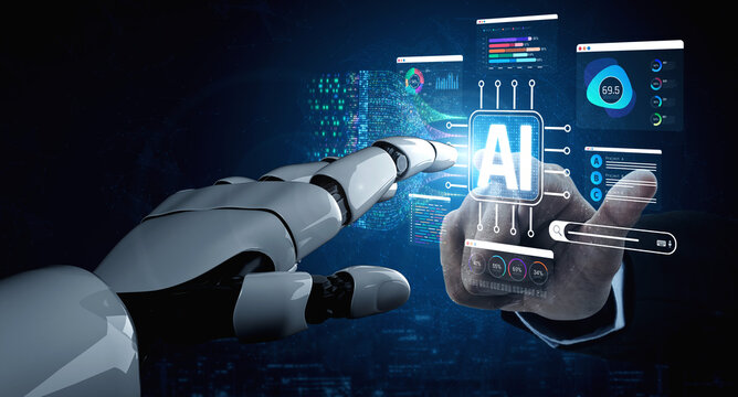 Futuristic Robot Hand Interacting with Artificial Intelligence Interface in a Virtual Environment for Technology and Innovation Concepts Sigmoid