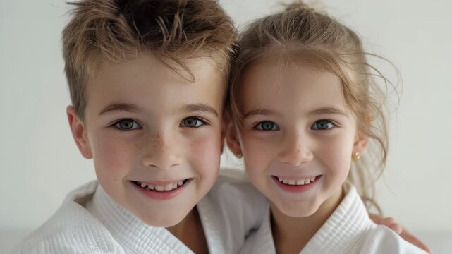 Two smiling children in white robes. They embrace closely, eyes bright with joy. Soft light highlights their happy faces. Cozy, warm, and innocent moment captured. Perfect for family, holiday