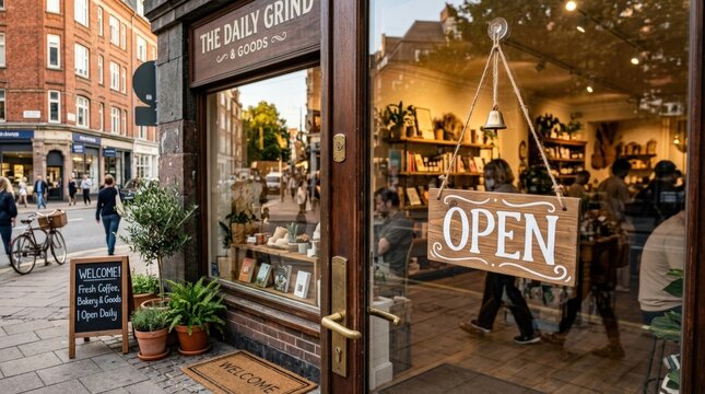 Open sign hanging on store glass door with welcoming atmosphere, warm daylight reflections and urban street background, photorealistic storefront scene, shot on Canon EOS R6,no logos