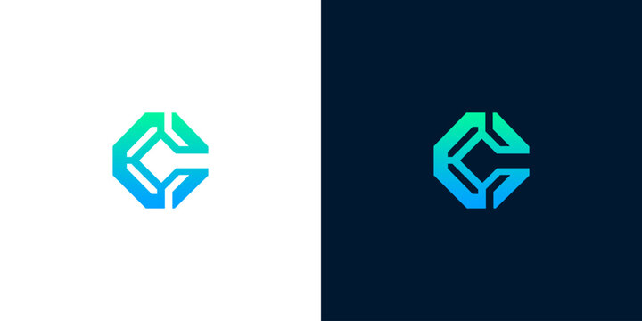 Modern abstract geometric 'C' logo design on white and dark backgrounds, featuring a gradient of blue and green hues