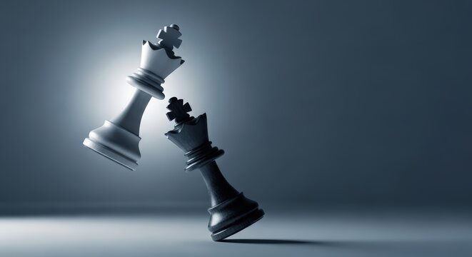 Black and white chess kings facing each other symbolizing rivalry conflict strategy leadership and competitive battle between opponents