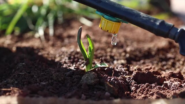 Water drips into the soil and plants in a drip irrigation system in slow motion.