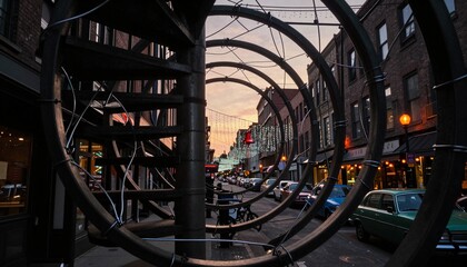 Fototapeta premium Perspective View of a City Street Framed by Industrial Metal Rings at Sunset