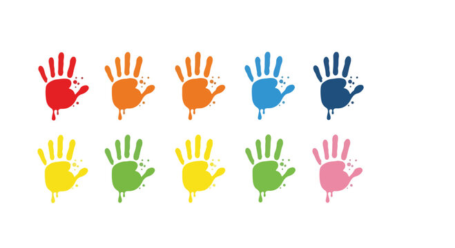 Colorful handprints in various bright colors arranged in a playful pattern on a white background