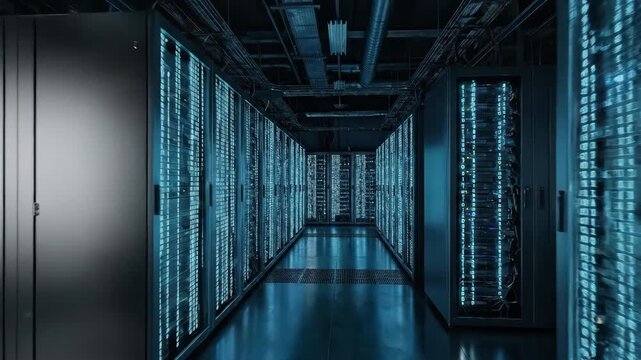 A binary code server grid symbolizing artificial intelligence and digital technology, luminous data columns, metallic depth, dark cyber atmosphere, ultra-realistic, no logos.