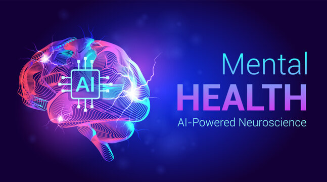 Futuristic Neon AI Brain Vector Illustration for Mental Health and AI-Powered Neuroscience on Abstract Dark Background
