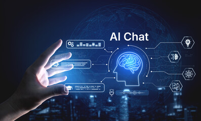 Naklejka premium AI chatbot interface for customer support and automated messaging. Chatbot conversation, automation, analytics, AI user experience for modern digital business optimization service. Corpus