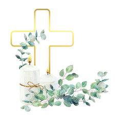 Burning candles, a golden cross and green eucalyptus branches. Hand drawn watercolor religious illustration isolated for card and invitation design for First Communion, Baptism and Easter ceremonies. © Farida