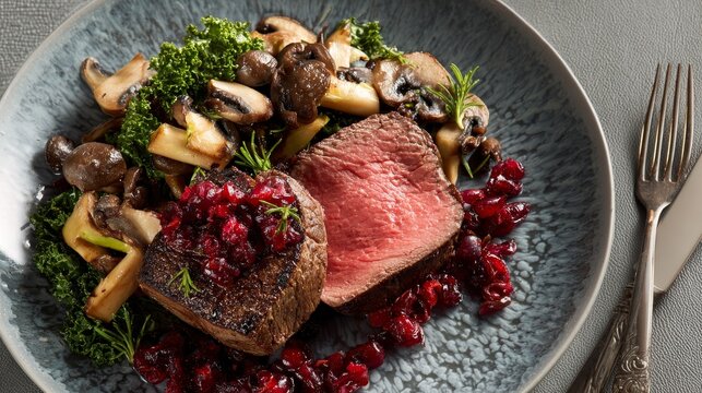Modern-style traditional fried dry-aged Angus beef fillet medallions, served with mushrooms, kalette, and cranberry relish, arranged in a top view on a designer plate with copy space on the left.