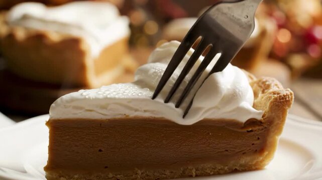 Slice of pumpkin pie topped with whipped cream