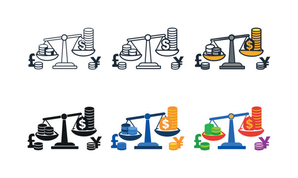 Economic disparity illustration depicting stacks of coins of varying heights, a scale, and currency symbols arranged to represent