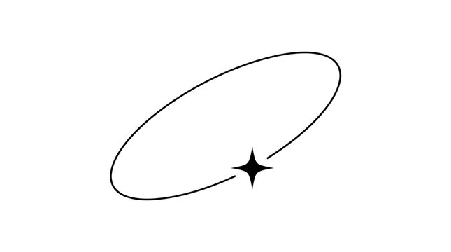 Minimalist black line art of a sparkling star with an orbiting elliptical path on a transparent background