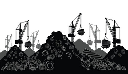 A stark black and white depiction shows industrial cranes positioned above a large pile of discarded tires and waste creating a silhouette high quality © Thysl2000