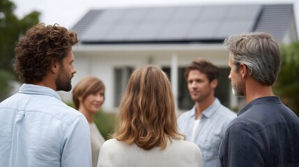 Fototapeta premium A group of people having a discussion about solar energy and sustainable living in front of a modern home