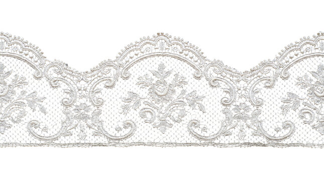 Delicate white scalloped lace border ribbon with intricate floral embroidery on a transparent background