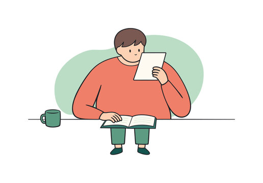Calm person pauses while reviewing notes rereading a section as the desk remains clear and balanced  scene of person reviewing