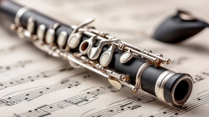 Obraz premium Handwritten Music Sheet with Clarinet Laid Across Closeup Image