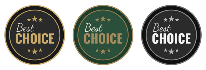Fototapeta premium Set of circular best choice labels in gold, black, green and silver