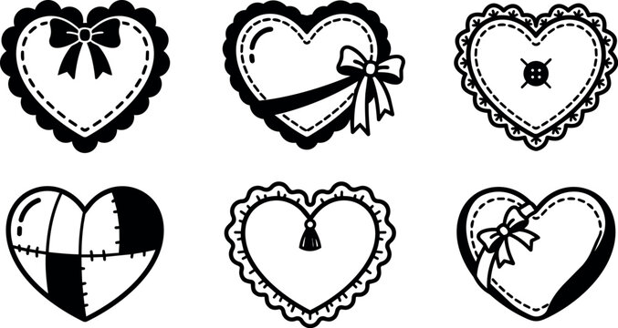 Black and white patchwork and bow decorated heart shapes vector art set