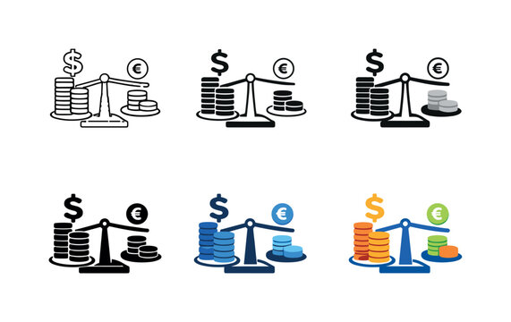 Income inequality icon showing stacks of coins, a balance scale, and money symbols arranged to illustrate uneven wealth