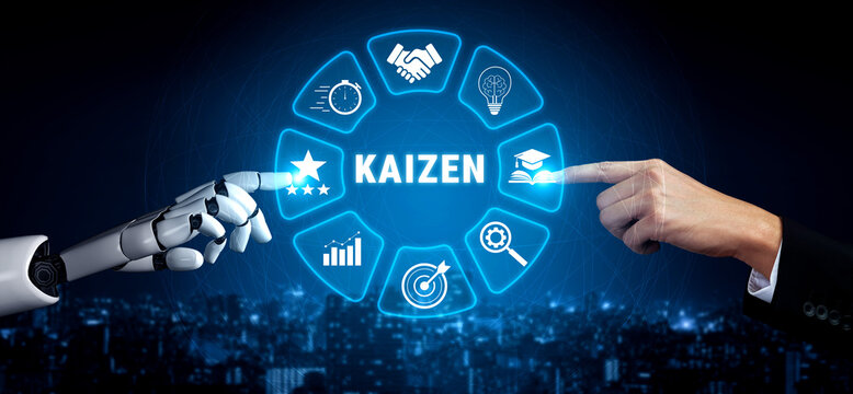 Futuristic Concept of Human and Robot Collaboration in Kaizen Process with Digital Symbols of Improvement and Innovation in Modern Business Environment Quark.