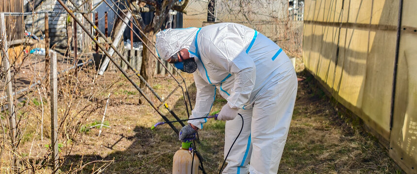 Gardener wearing a white hazmat suit, full face mask, respirator, and gloves, spraying pesticide onto plants in a sunny garden with a manual pump sprayer, ensuring workplace safety.