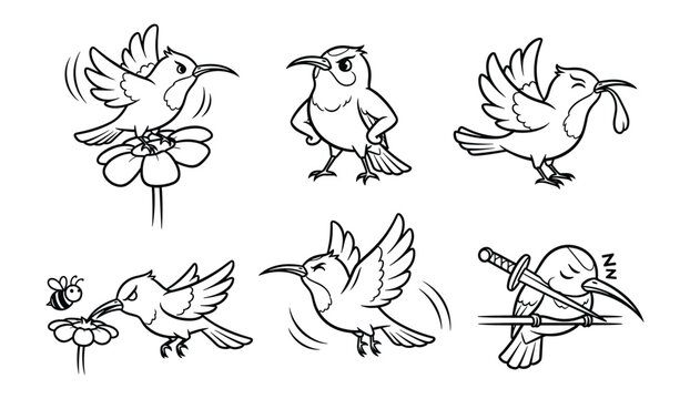 Cute Cartoon Hummingbird Character Set in Various Action Poses with Flowers and Bee, Hand Drawn Outline Style