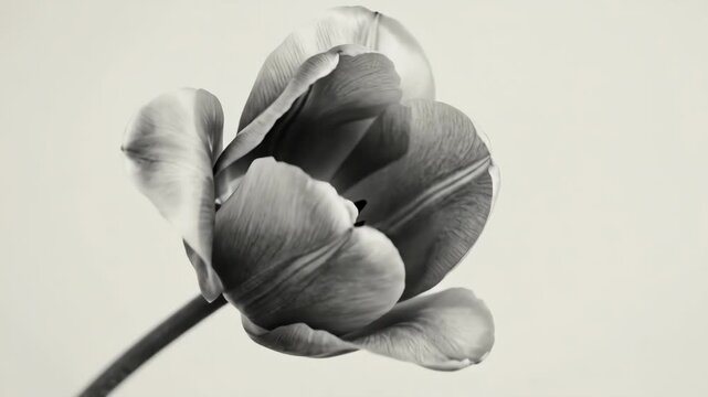 A monochrome tulip close-up on a light background, soft petals, delicate tonal range and minimal floral purity, ultra-realistic, no logos.