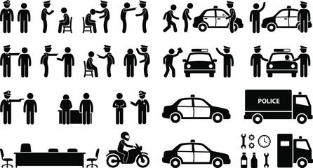 Police and law enforcement icons collection featuring officers, patrol cars, traffic control, arrest scenes, and security symbols isolated on white background © Natasa.White