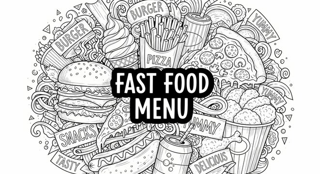 Fast food menu design sketch with burger fries soda and doodles black white illustration