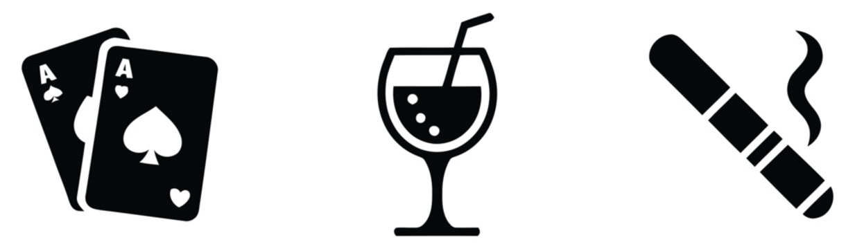 gambling concept with playing cards ace spade wine glass and smoking cigar flat icon set