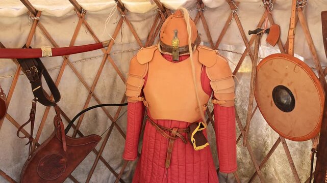 Medieval Leather Armor and Archery Equipment Inside a Yurt