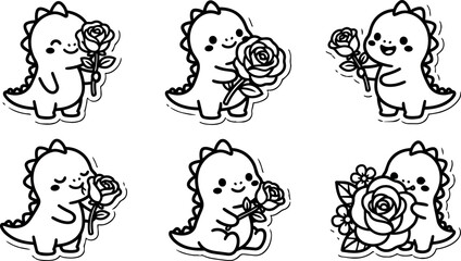 Fototapeta premium Cute black and white dinosaur holding and smelling rose flower illustration set