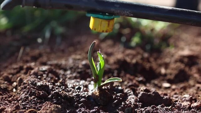 Water drips into the soil and plants in a drip irrigation system in slow motion.