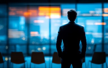 Fototapeta premium Employee Observing Digital Display in Modern Office with City View at Night