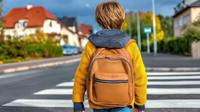 Child with oversized backpack crossing street in bright, colorful neighborhood scene