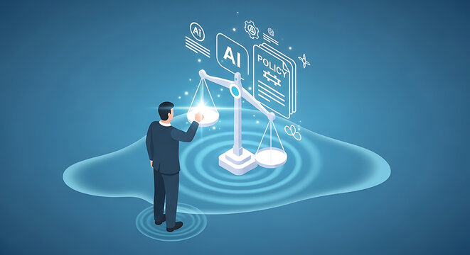 Businessman interacting with AI technology, balancing scales of justice and data, digital law and ethical algorithms, technology concept