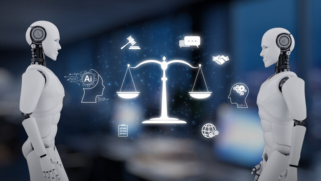 Two futuristic robots stand in a modern workspace discussing the balance between artificial intelligence and ethics, depicting the intersection of law and technology. Synapse