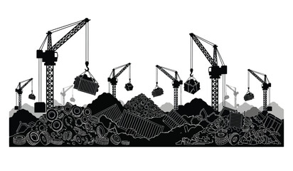 A striking black and white illustration depicts a cityscape of construction cranes over a chaotic landscape of debris rendered as a silhouette high quality © Thysl2000