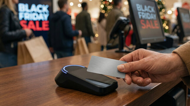 Customer making payment at card terminal during Black Friday sale  