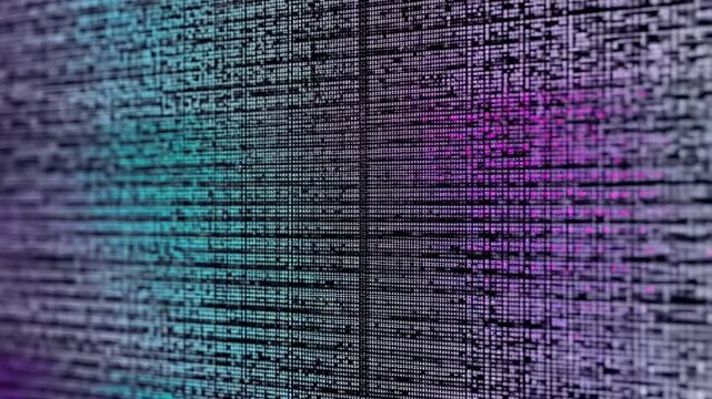 This captures a stunning digital grid with a multitude of tiny white codes cascading downwards, set against a vibrant purple and blue background, creating a futuristic and mesmerizing visual display.