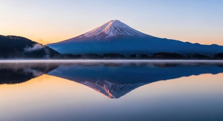 Fototapeta premium Majestic mountain reflected in calm water under clear sky at sunset
