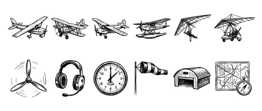 Various hand-drawn aviation elements and flight equipment are depicted in a detailed, vintage-style illustration, showcasing airplanes, gliders, and pilot accessories