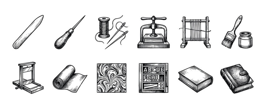 Various vintage bookbinding and printing tools are meticulously illustrated in a classic engraving style, showcasing traditional craftsmanship and historical artistry