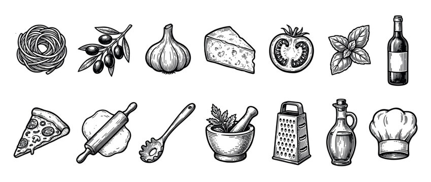 Various hand-drawn Italian food ingredients and cooking items are beautifully illustrated in a classic vintage engraving style, showcasing essential elements for Mediterranean cuisine