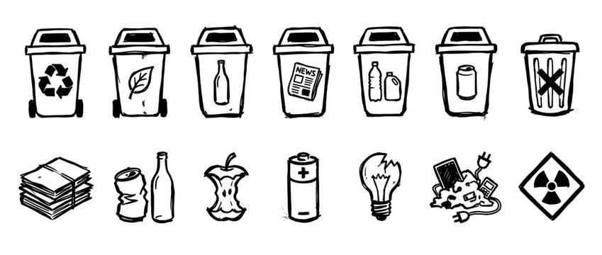 Hand-drawn black and white waste and recycling icons depict various refuse types and disposal methods, including organic, paper, plastic, glass, metal, electronic, and hazardous materials