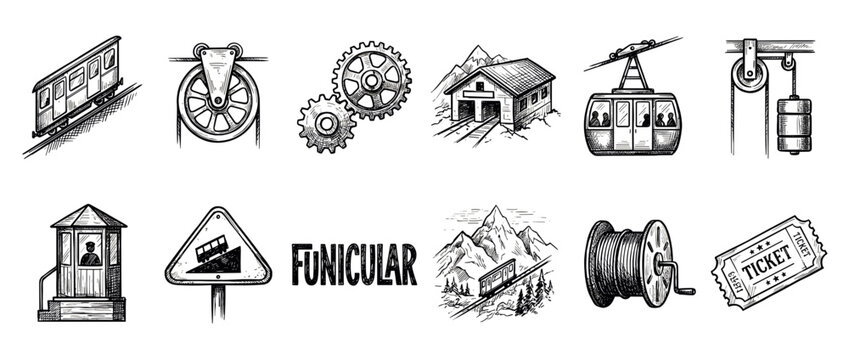 Collection of hand-drawn funicular and cable car elements, including trains, pulleys, gears, stations, and tickets, rendered in a detailed vintage sketch style