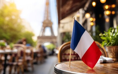 Naklejka premium French National Flag Displayed Near Eiffel Tower in Paris Café Setting