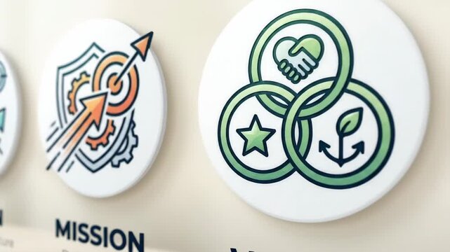 A vision, mission, and values icon set with editable outline strokes, purposeful business symbols, clean strategic layout, professional modern mood, ultra-realistic, no logos.